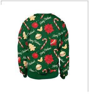Back view of green Christmas sweatshirt featuring gingerbread and candy cane patterns
