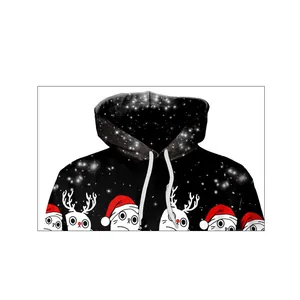 Christmas hoodie with 3D cat print, reindeer antlers and white snow pattern on black