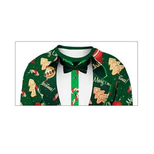 Green Christmas sweatshirt with tuxedo print and festive gingerbread tree patterns