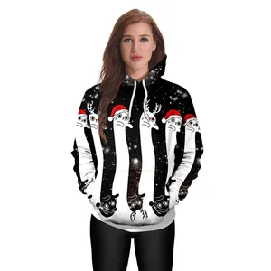 Women's Christmas hoodie with 3D star print and festive cartoon characters in black