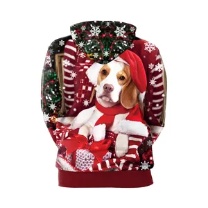 Χριστουγεννιάτικο φούτερ 3D με τύπωμα beagle, γιορτινό σκύλο, κόκκινο κασκόλ και χιόνι