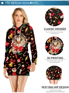 Detail view of hooded Christmas sweatshirt dress with 3D cat print and festive motifs