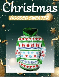 Detailansicht der Fair-Isle-Weihnachtsmuster und Kordelzug am grünen Kapuzenpullover