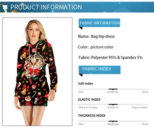 Detail view of black Christmas hoodie dress showing 95% polyester fabric and sizing specs