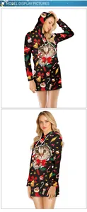 Detailed views of women's Christmas hoodie dress with 3D cat print and festive patterns