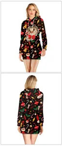 Front and back view of a black Christmas hoodie dress with cat print and holiday motifs