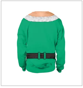Rückansicht eines grünen Weihnachts-Elfen-Pullis mit Gürtel-Druck und Kragendetails
