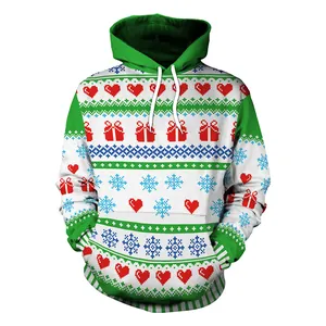 Weihnachts-Hoodie mit 3D-Druck, grünen Festmustern, Schneeflocken und Fronttasche