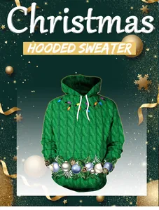 Detail of Christmas hoodie featuring cable knit texture and festive holiday string lights
