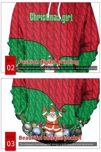 Détail du sweat à capuche de Noël avec impression 3D, poches et cordon de serrage