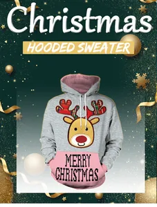Close-up of Christmas reindeer print and pink pocket detail on a grey hooded sweater