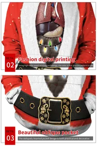 Detail of Christmas hoodie showing 3D anatomical Santa print and oblique pockets