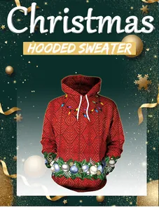 Detail of Christmas hooded sweater with 3D festive prints and realistic knit texture