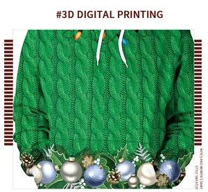 Detail of 3D digital knit print and festive ornaments on green Christmas hoodie
