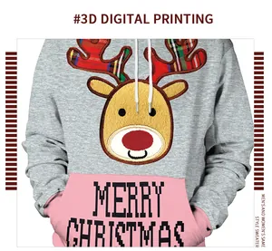 Detail of 3D digital reindeer print and Merry Christmas lettering on gray hoodie