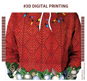 Detail of Christmas hoodie with 3D digital print of holiday ornaments and white drawstring