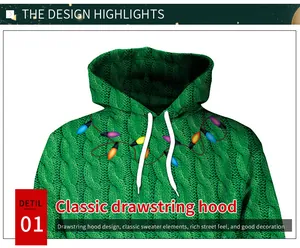 Detail of Christmas hoodie featuring white drawstring hood and colorful holiday light print