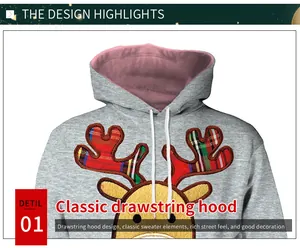 Detail of Christmas hoodie featuring reindeer applique and plaid antlers with pink lining