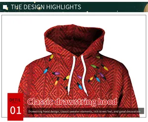Detail of Christmas hoodie featuring 3D knit texture print and festive bulb graphics