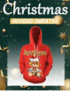Close-up of a festive teddy bear with Christmas lights 3D print on red hoodie sweatshirt
