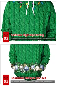 Detail of 3D digital cable-knit print on Christmas hoodie with pocket and festive ornaments