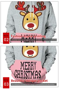 Detail of Christmas hoodie featuring a cartoon reindeer print and pink front pocket