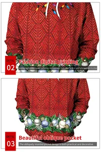 Close-up of 3D Christmas digital print details and functional pocket on red hoodie