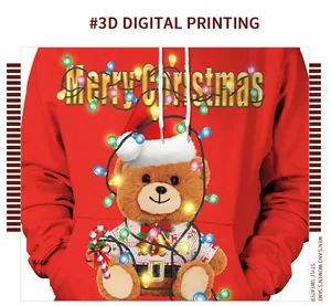 Detailed 3D digital print of a Christmas teddy bear on a red drawstring hoodie top