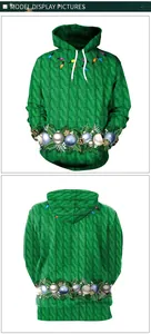 Detailed macro view of 3D knit texture and festive Christmas ornaments on a green hoodie