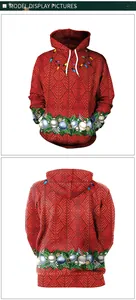 Front and back detail of a red Christmas hoodie with 3D knit texture and festive light print