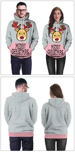 Detailed views of grey Christmas reindeer hoodie with pink pockets and Merry Christmas print