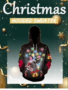Détail du sweat à capuche de Noël avec motif renne 3D et lumières festives colorées