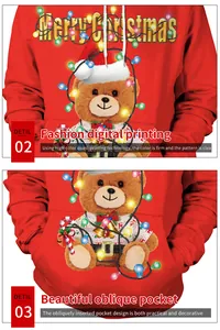 Detail of digital printed teddy bear and large front pocket on Christmas hoodie