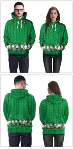 Detail of green 3D Christmas print hoodie with cable-knit pattern and holiday ornaments