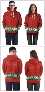 Detailed four-way view of a red 3D Christmas print hoodie with festive knit patterns