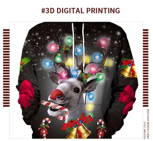Détail de l'imprimé numérique 3D de renne sur un sweat à capuche de Noël festif