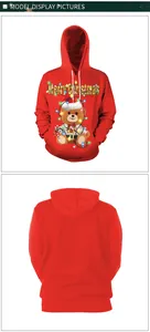 Detail of red Christmas hoodie showing digital teddy bear print and front pocket