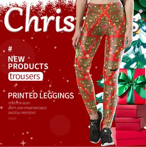 Detail of Christmas leggings showing high-waisted fit and festive digital bell printing