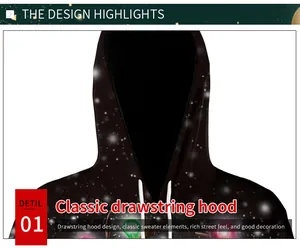 Détail d'un sweat à capuche imprimé galaxie avec cordon de serrage et finitions nettes