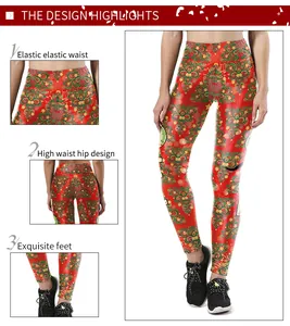 Detail view of high waisted Christmas leggings with festive floral print and elastic band