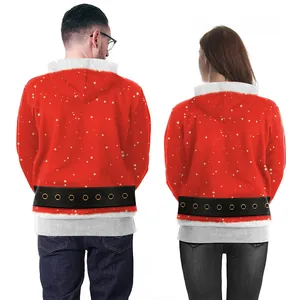 3D Santa Claus print couple hoodies with red snowy background and belt design on back
