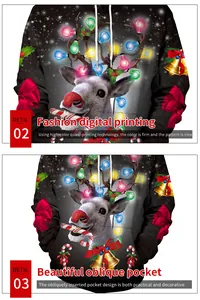 Détails du sweat à capuche de Noël avec imprimé renne numérique et poches latérales