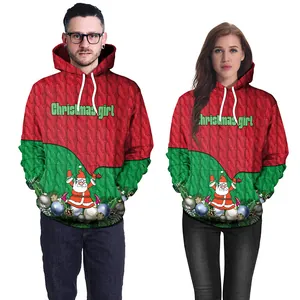 Sweat à capuche de Noël imprimé 3D avec Père Noël et motifs festifs rouges et verts