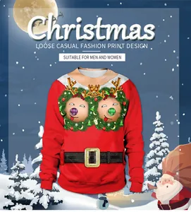 Detail of 3D digital reindeer print and Santa belt design on a red Christmas sweatshirt