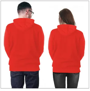 Rear view of unisex red hoodies with ribbed cuffs and hem against a white background
