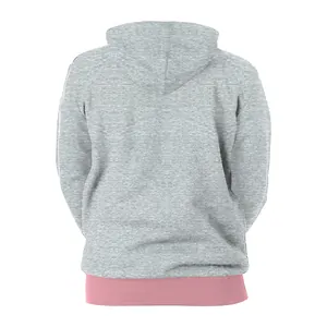 Back view of a grey pullover hoodie with pink hem detail and high-quality knit texture