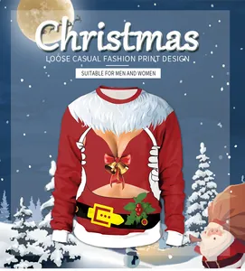 Detail of 3D digital printed funny torso pattern on red Christmas crewneck sweatshirt