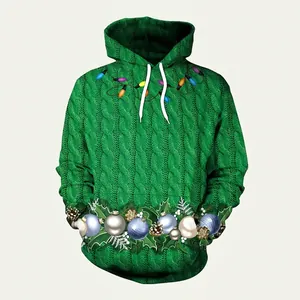 Women's Christmas 3D Digital Print Hoodie Green Cable Knit Texture Graphic Sweatshirt Drawstring Hood Festive Pullover Top