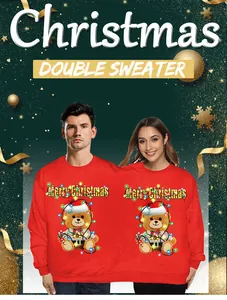 Close-up of festive red double sweater with two Christmas teddy bears and holiday graphics