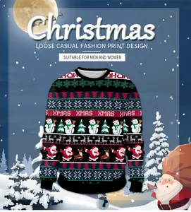 Detail of Christmas crewneck sweatshirt featuring Santa, reindeer and XMAS digital prints